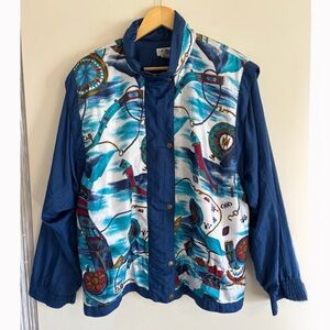 Vintage 90s Lavon WindBreaker Womens XL Nautical Sailor Blue White Nylon